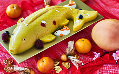 400x250 Joyous Gong Hei Fatt Choy Fish Mango Pudding with Mandarin Orange